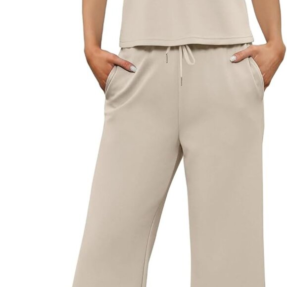 Beige X-large Summer Women's Two Piece Set with Mock Neck and Wide Leg Crop Pant - Picture 3 of 6